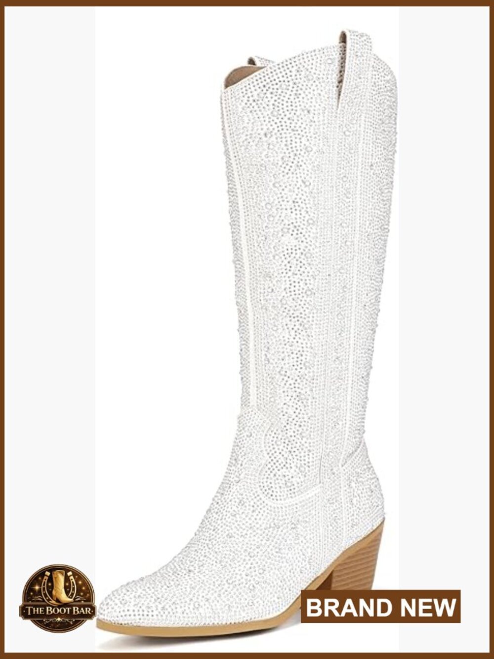 Knee High Rhinestone Cowboy Boots Pointed Toe Block Chunky Heels Sparkly Bling